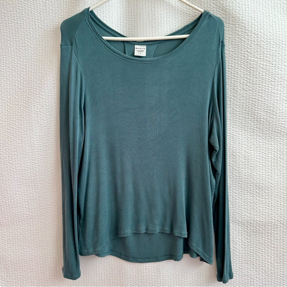 Athleta Teal Green Blue Long Sleeve Yoga Workout Top Women’s Small Stretch